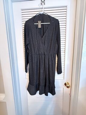 New York & Company Black Sparkle Long-Sleeve Wrap Dress